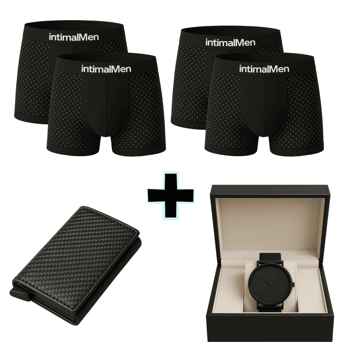 4-PACK BAMBOO FIBER BOXERS SHORTS + SLIM WALLET + ALL BLACK WATCH